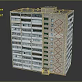 High Rise Residential Building Featuring Green Vertical Strips Red Diamond Patterns Multiple Windows and Balconies