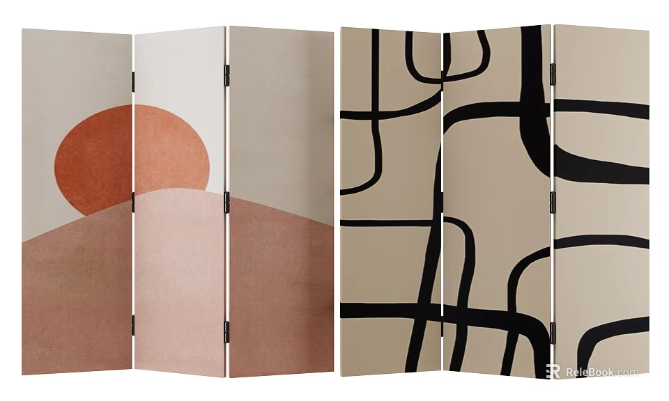 Double Sided Decorative Screen With Sun Mountain And Abstract Line Patterns 3d model 