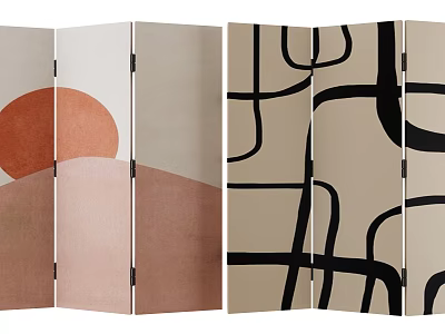 Double Sided Decorative Screen With Sun Mountain And Abstract Line Patterns 3d model