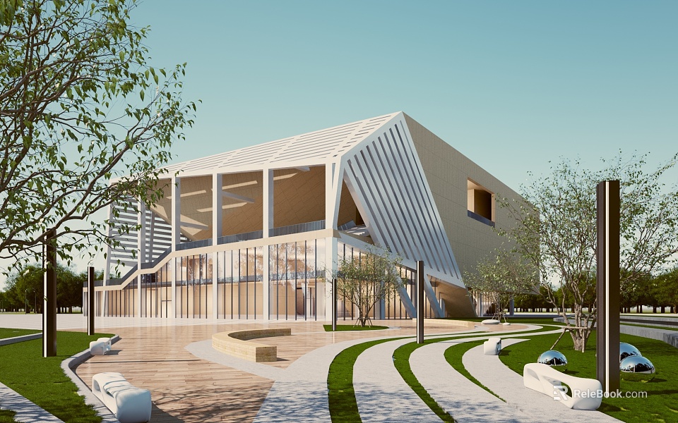 Modern Office Building With Angular Glass Facade Landscaped Greenery And Outdoor Seating Areas 3d model 