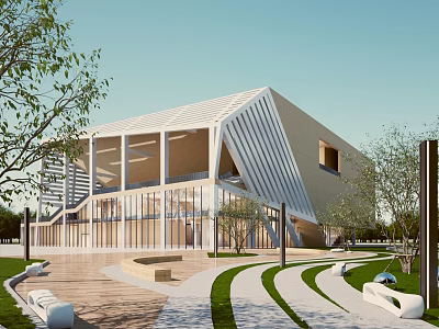 Modern Office Building With Angular Glass Facade Landscaped Greenery And Outdoor Seating Areas 3d model