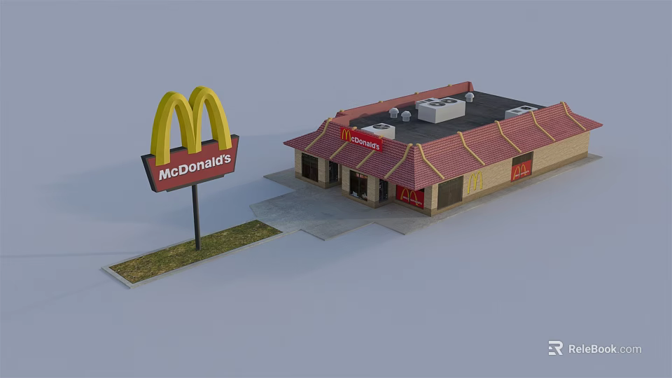 McDonald's Restaurant Exterior With Golden Arches Sign And Red Roof Design 3d model 