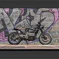 Stylish Black Motorcycle Displayed On Stand With Colorful Graffiti Wall Background