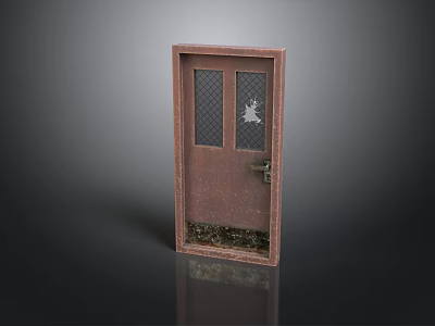 Vintage Brown Wooden Door With Double Glass Grid Panels Handle And Decorative Base 3d model