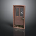 Vintage Brown Wooden Door With Double Glass Grid Panels Handle And Decorative Base