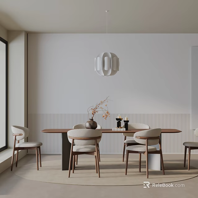 Modern Minimalist Dining Table Set With Wooden Chairs Pendant Light And Wainscoting 3d model 