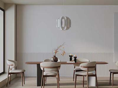 Modern Minimalist Dining Table Set With Wooden Chairs Pendant Light And Wainscoting 3d model