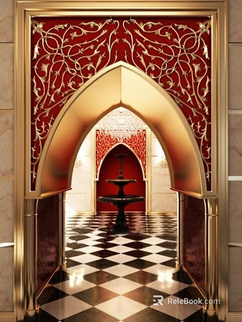 Elevator Hallway With Golden Decorations Red Patterned Walls Black Fountain And Checkered Floor 3d model