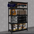 Industrial Storage Shelf With Toolboxes Oil Drums Storage Boxes Wheel Rims Tires And JAB Cans