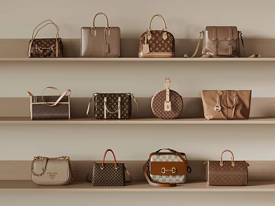 Various Stylish Handbags Displayed On Shelves With Classic Patterns And Neutral Tones 3d model
