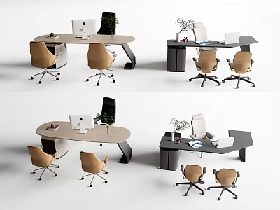 Modern Office Desk Setups Featuring Round Rectangular Designs Laptop Chairs And Green Plants 3d model