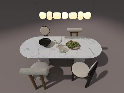 Modern Minimalist Dining Table Set With Oval Marble Top And Hanging Light Fixture 3d model