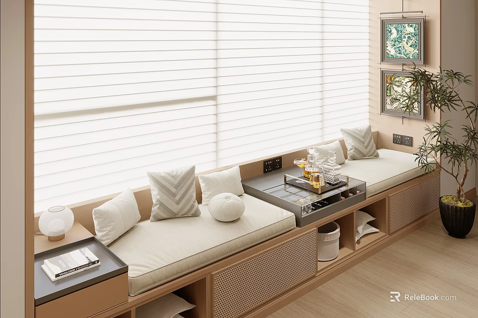 Bay Window Interior Design With Beige Cushion Pillows Blinds Table Tea Set Books And Cabinets 3d model 