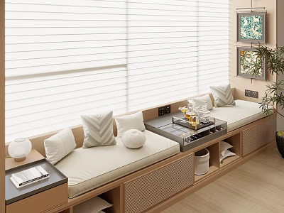 Bay Window Interior Design With Beige Cushion Pillows Blinds Table Tea Set Books And Cabinets 3d model