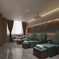 Luxurious SPA Sauna Interior Design With Green Massage Chairs Footstools Decorative Wall Paintings And Curtains