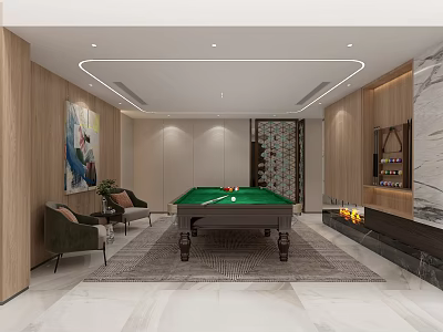 Entertainment Room Interior Design With Green Pool Table Comfortable Chairs Gray Rug And Fireplace 3d model