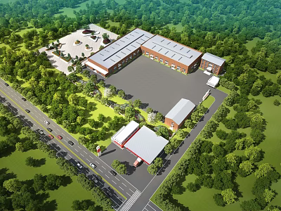Industrial Factory Aerial View with Modern Design and Green Surroundings 3d model