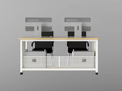 Office Desk With Two Perforated Screens White Frame Wooden Top And Black Chairs 3d model