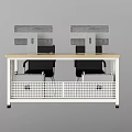 Office Desk With Two Perforated Screens White Frame Wooden Top And Black Chairs