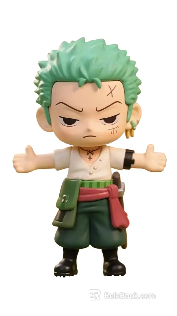 Anime Style Doll With Green Hair Facial Scars White Top Waist Knife And Open Arms 3d model 