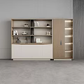 Modern Wooden Bookcase With Open And Closed Storage Compartments Decorative Items Books And Sculpture