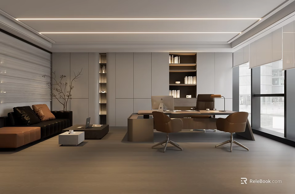 Modern Office Interior Design With Executive Desk Leather Chairs And Bookshelves 3d model 