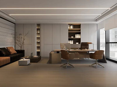 Modern Office Interior Design With Executive Desk Leather Chairs And Bookshelves 3d model