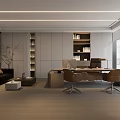 Modern Office Interior Design With Executive Desk Leather Chairs And Bookshelves