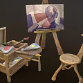 Wooden Artist Painting Supplies With Easels Canvas Brushes Paints And Stools