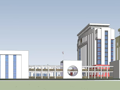 Modern Office Building With Glass Curtain Wall Adjacent Structure Circular Window And Flag 3d model