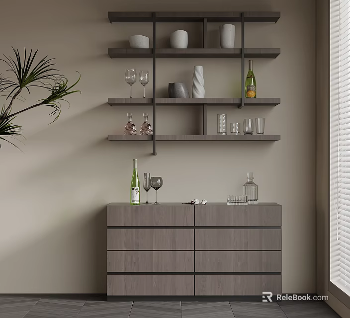 Modern Wine Cabinet with Shelves Holding Wine Bottles Glasses and Decorative Items 3d model 