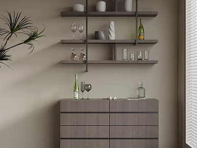 Modern Wine Cabinet with Shelves Holding Wine Bottles Glasses and Decorative Items 3d model