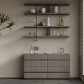 Modern Wine Cabinet with Shelves Holding Wine Bottles Glasses and Decorative Items