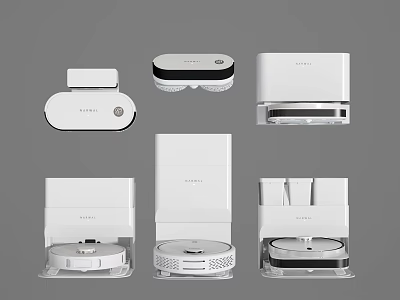 Smart Home Cleaning Devices With White Design And Various Components Including Robot Vacuum And Docks 3d model