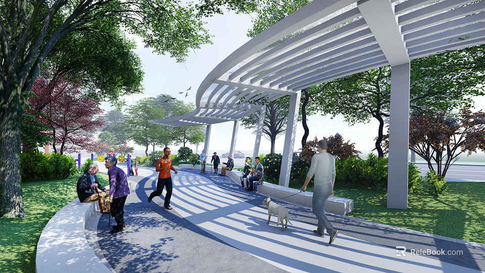 Outdoor Pergola In Park With People Walking Resting Benches And Lush Trees 3d model 