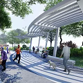 Outdoor Pergola In Park With People Walking Resting Benches And Lush Trees