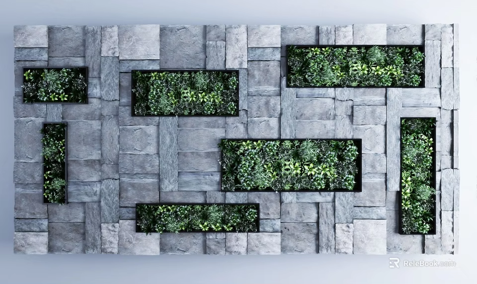 Gray Stone Tiles Background Wall With Neatly Arranged Green Plant Inserts 3d model 