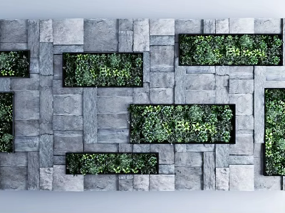 Gray Stone Tiles Background Wall With Neatly Arranged Green Plant Inserts 3d model