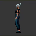 Female Sporty Character In Blue Outfit With Short Hair Holding Daggers