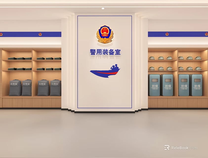 Police Equipment Room Interior With Shelves And Stored Law Enforcement Gear 3d model 