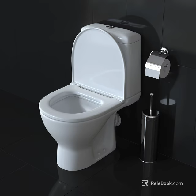 White Toilet With Open Lid Toilet Brush And Paper Holder In Dark Bathroom 3d model 