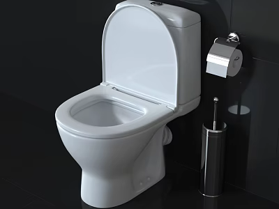 White Toilet With Open Lid Toilet Brush And Paper Holder In Dark Bathroom 3d model