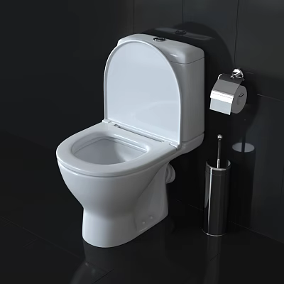 White Toilet With Open Lid Toilet Brush And Paper Holder In Dark Bathroom 3d model