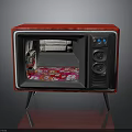 Red Vintage Microwave With Open Door And Colorful Interior Items On Stand
