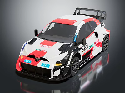 Sporty Red White Black Racing Car With Rear Spoiler Sponsor Logos And Aerodynamic Design 3d model