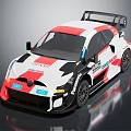 Sporty Red White Black Racing Car With Rear Spoiler Sponsor Logos And Aerodynamic Design