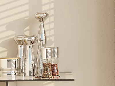Stainless Steel Spice Bottles With Various Spices On Kitchen Shelf In Sunlight 3d model