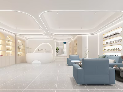 Modern Bright Hair And Beauty Salon Interior With White Reception Desk And Blue Sofas 3d model