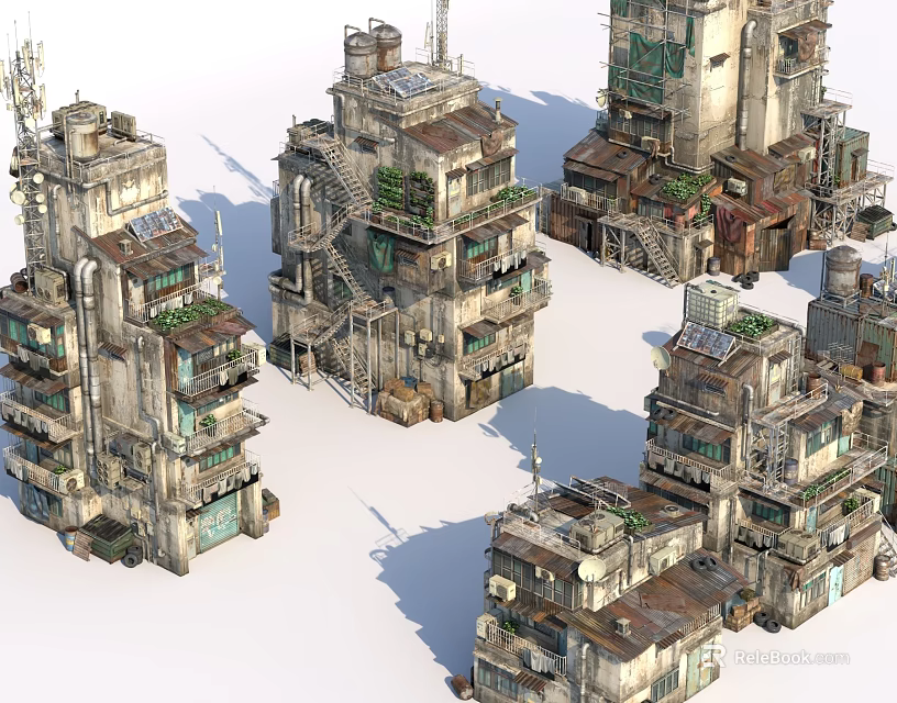 Cyberpunk Abandoned High Rise Buildings With Balconies Rusty Metal Structures and Climbing Plants 3d model 