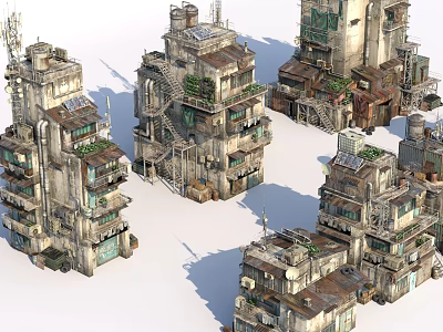 Cyberpunk Abandoned High Rise Buildings With Balconies Rusty Metal Structures and Climbing Plants 3d model